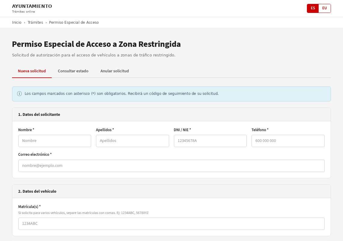 Inicio de un formulario ciudadano neutro para solicitar acceso de vehículos a una zona restringida