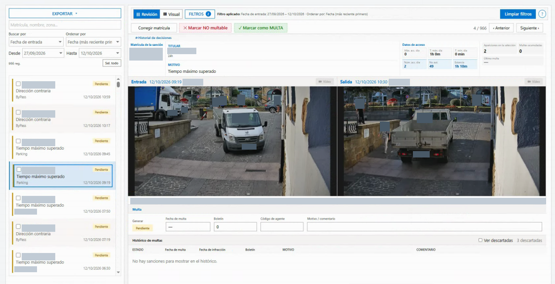 Detalle de una propuesta en VIALTA con imágenes de entrada y salida y datos identificativos ocultos